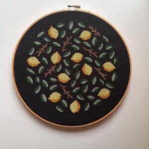 Lemon Cross Stitch on Wooden Hoop Framed Citrus Needlework Cottage Kitchen Decor